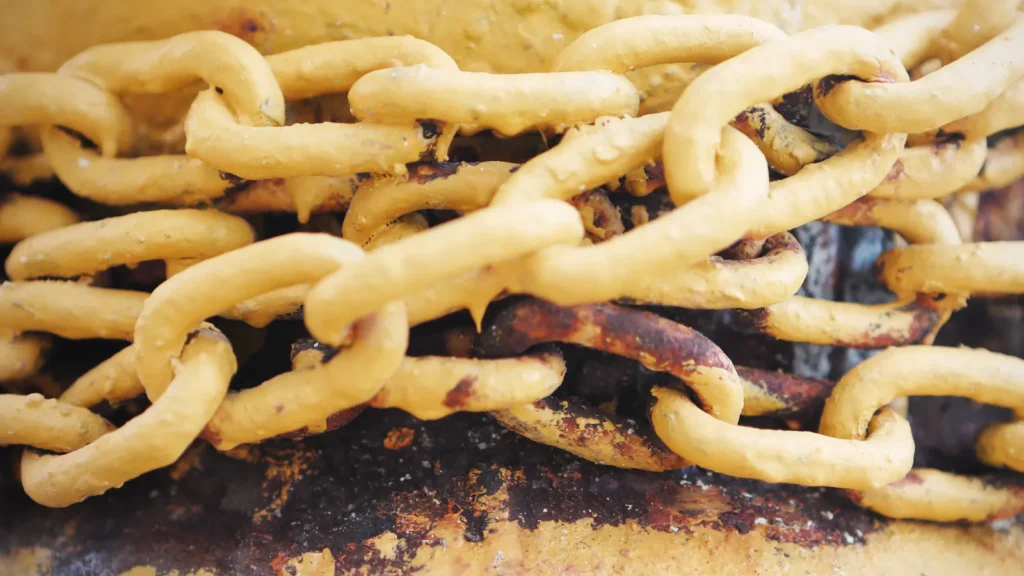 Close-up of rusty, paint-covered chain links, symbolising neglected and broken links